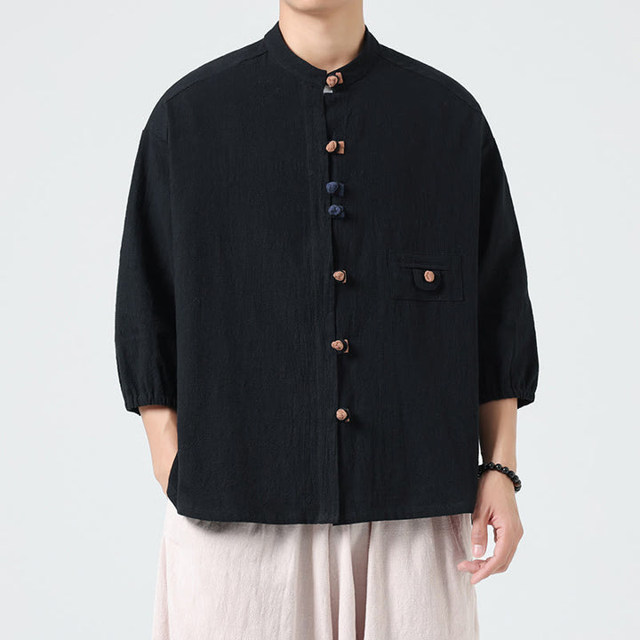 Camisa de algodón con cuello alto y manga tres cuartos para hombre, estilo cárdigan de verano con botones de rana y bolsillo, de Buddha Stones - image 13