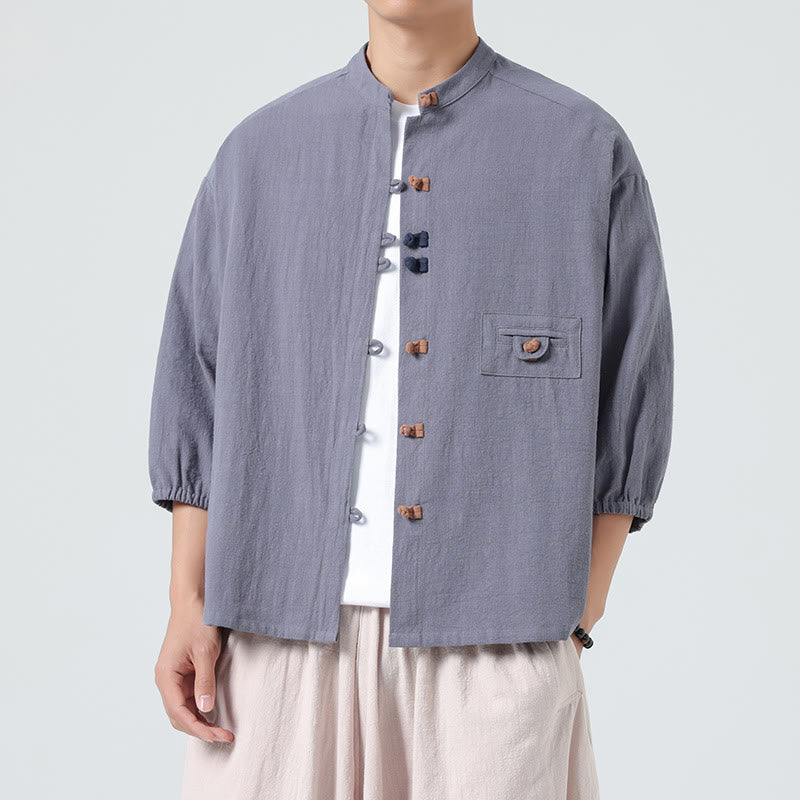 Camisa de algodón con cuello alto y manga tres cuartos para hombre, estilo cárdigan de verano con botones de rana y bolsillo, de Buddha Stones - image 22