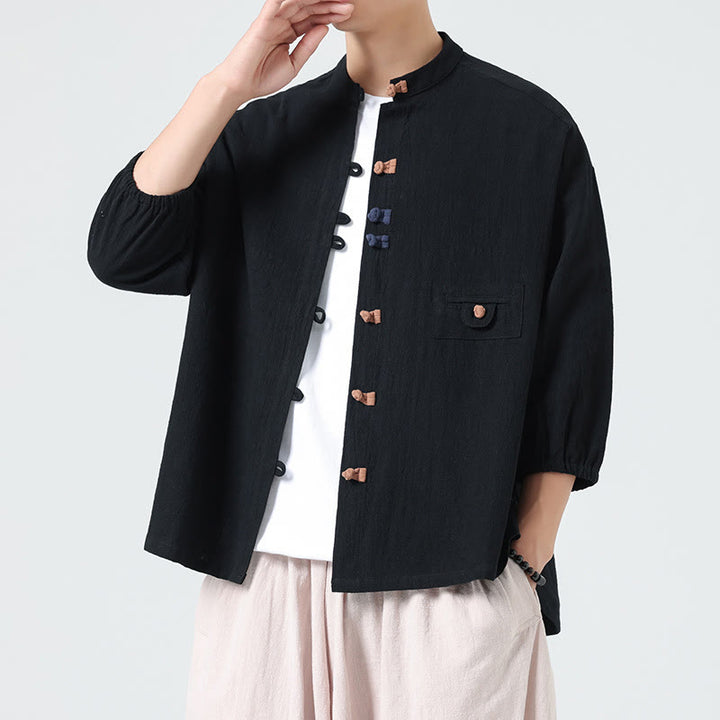 Camisa de algodón con cuello alto y manga tres cuartos para hombre, estilo cárdigan de verano con botones de rana y bolsillo, de Buddha Stones - Negro - US/UK/AU46, EU56 (5XL) - image 9