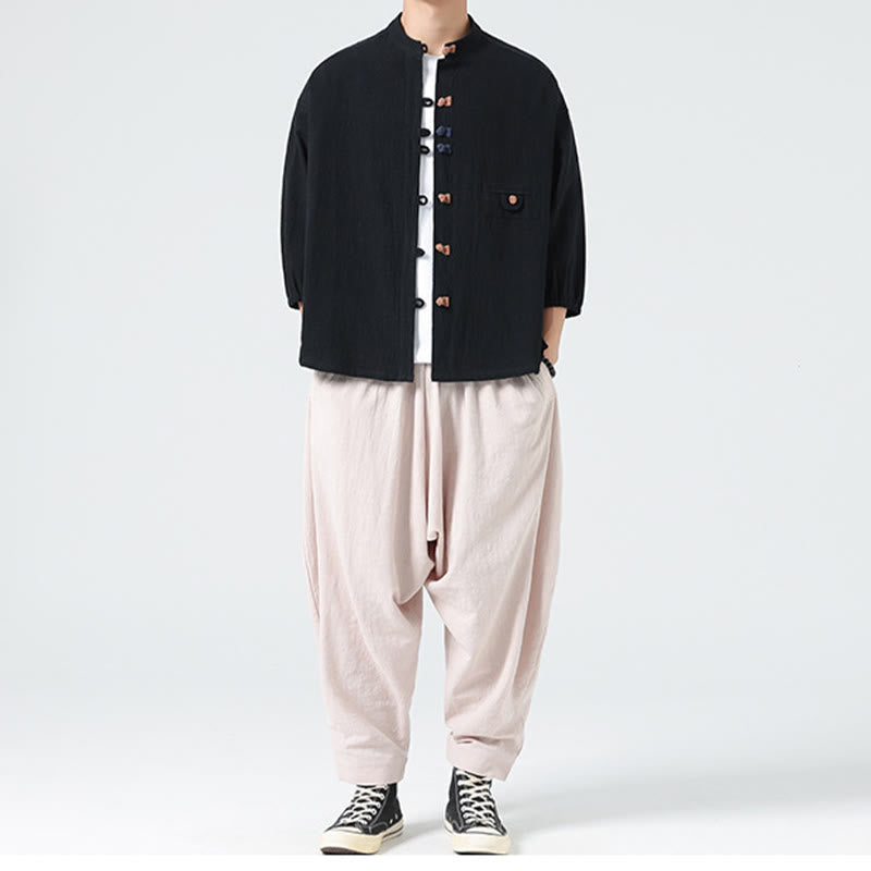 Camisa de algodón con cuello alto y manga tres cuartos para hombre, estilo cárdigan de verano con botones de rana y bolsillo, de Buddha Stones - image 17