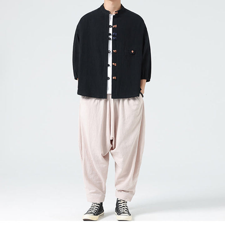 Camisa de algodón con cuello alto y manga tres cuartos para hombre, estilo cárdigan de verano con botones de rana y bolsillo, de Buddha Stones - image 17