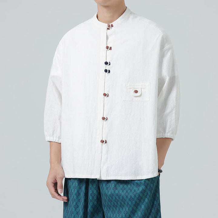 Camisa de algodón con cuello alto y manga tres cuartos para hombre, estilo cárdigan de verano con botones de rana y bolsillo, de Buddha Stones - image 3