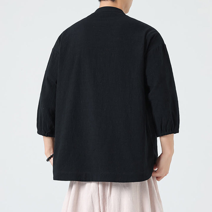 Camisa de algodón con cuello alto y manga tres cuartos para hombre, estilo cárdigan de verano con botones de rana y bolsillo, de Buddha Stones - image 15