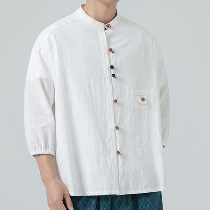 Camisa de algodón con cuello alto y manga tres cuartos para hombre, estilo cárdigan de verano con botones de rana y bolsillo, de Buddha Stones - image 5