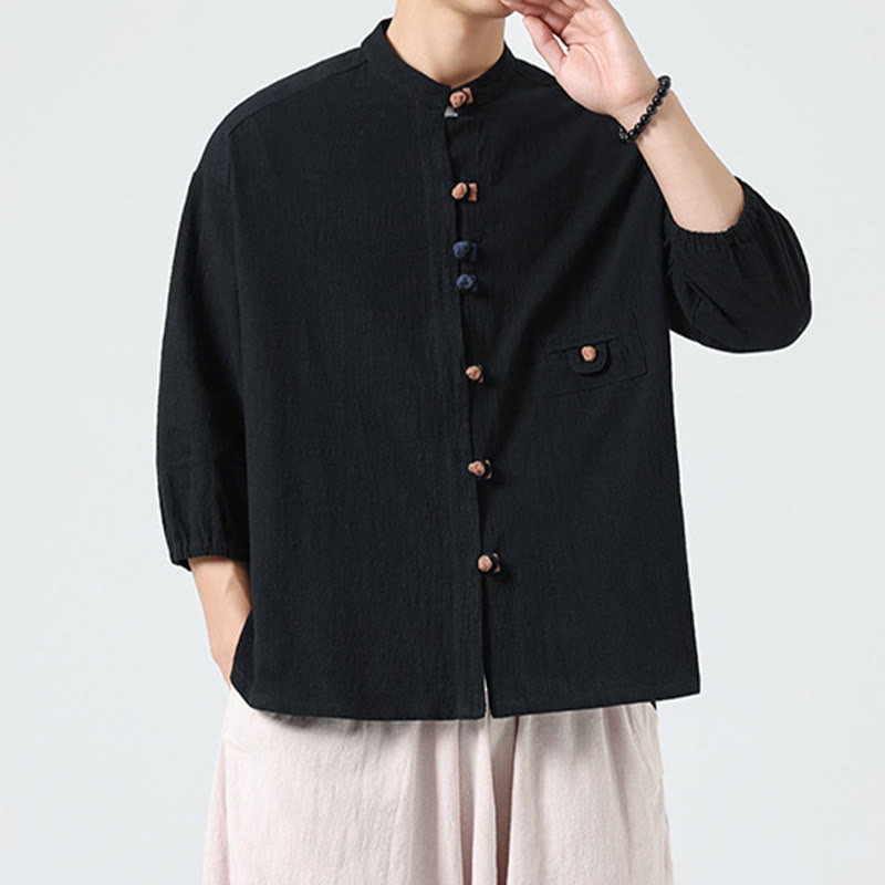 Camisa de algodón de manga tres cuartos para hombre con cuello alto y botones delanteros tipo rana, marca Buddha Stones Summer. - image 16