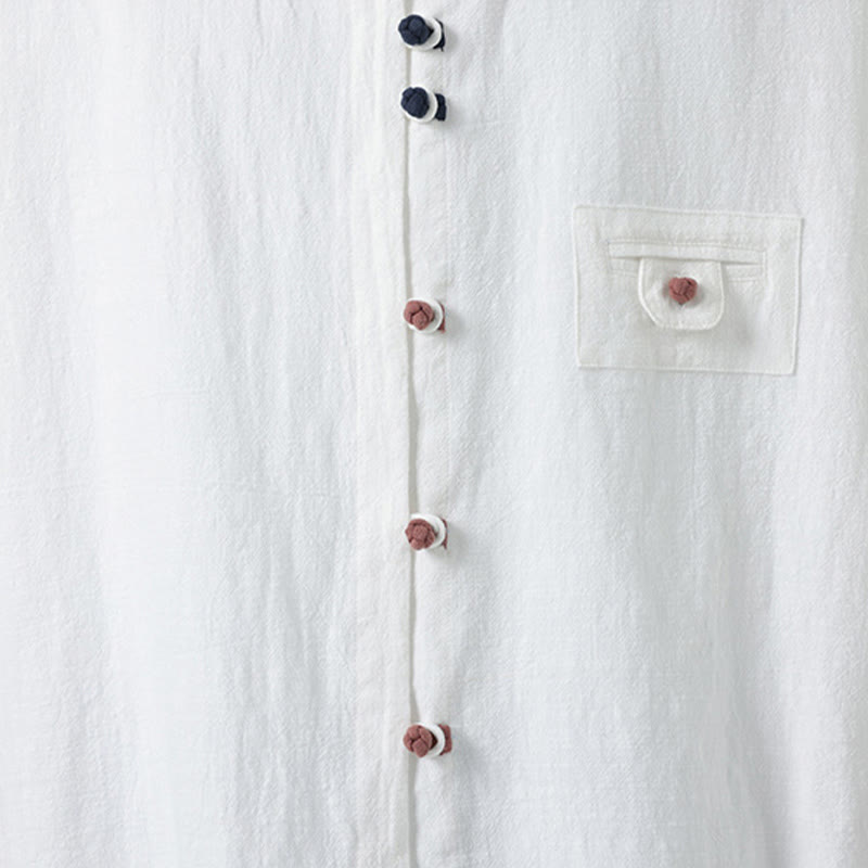 Camisa de algodón con cuello alto y manga tres cuartos para hombre, estilo cárdigan de verano con botones de rana y bolsillo, de Buddha Stones - image 7