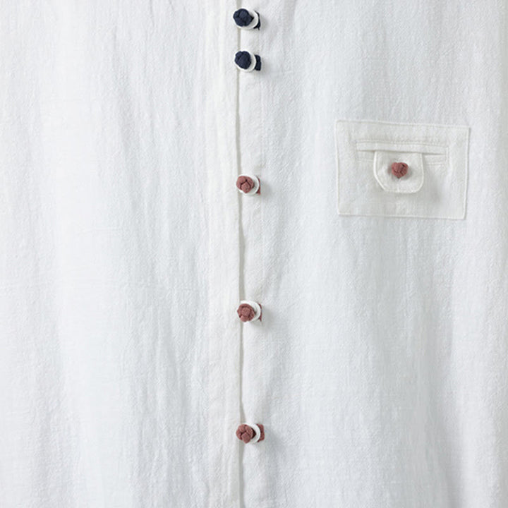 Camisa de algodón con cuello alto y manga tres cuartos para hombre, estilo cárdigan de verano con botones de rana y bolsillo, de Buddha Stones - image 7