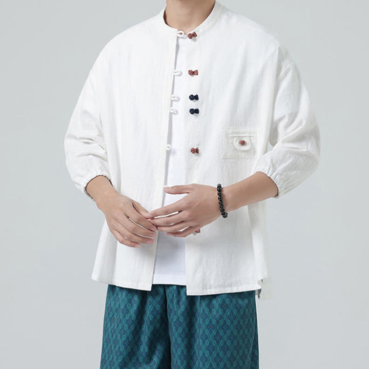Camisa de algodón de manga tres cuartos para hombre con cuello alto y botones delanteros tipo rana, marca Buddha Stones Summer. - image 1