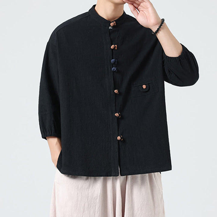Camisa de algodón con cuello alto y manga tres cuartos para hombre, estilo cárdigan de verano con botones de rana y bolsillo, de Buddha Stones - image 16