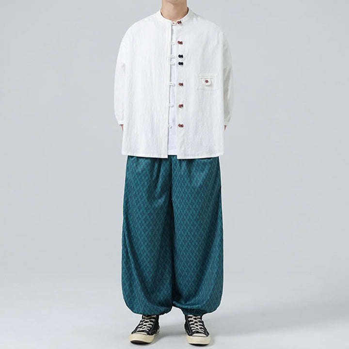 Camisa de algodón con cuello alto y manga tres cuartos para hombre, estilo cárdigan de verano con botones de rana y bolsillo, de Buddha Stones - image 6