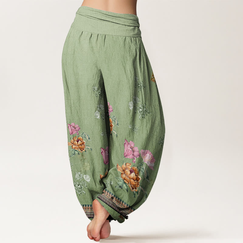 Pantalones bombachos de cintura elástica para mujer, de algodón, estilo informal, con estampado de pétalos de peonía y piedras de Buddha Stones. - image 2