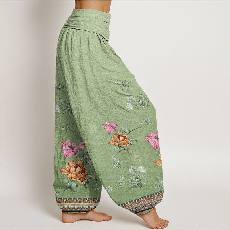 Pantalones bombachos de cintura elástica para mujer, de algodón, estilo informal, con estampado de pétalos de peonía y piedras de Buddha Stones. - image 1