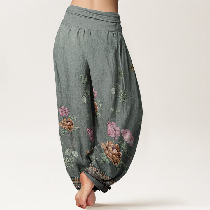 Pantalones bombachos de cintura elástica para mujer, de algodón, estilo informal, con estampado de pétalos de peonía y piedras de Buddha Stones. - image 6