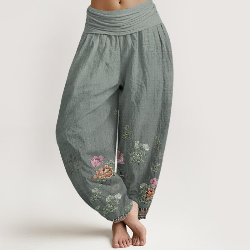 Pantalones bombachos de cintura elástica para mujer, de algodón, estilo informal, con estampado de pétalos de peonía y piedras de Buddha Stones. - Gris oscuro - US22，UK/AU26，EU54 (6XL) - image 4
