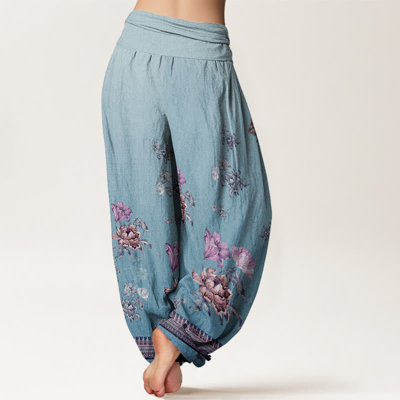 Pantalones bombachos de cintura elástica para mujer, de algodón, estilo informal, con estampado de pétalos de peonía y piedras de Buddha Stones. - image 9