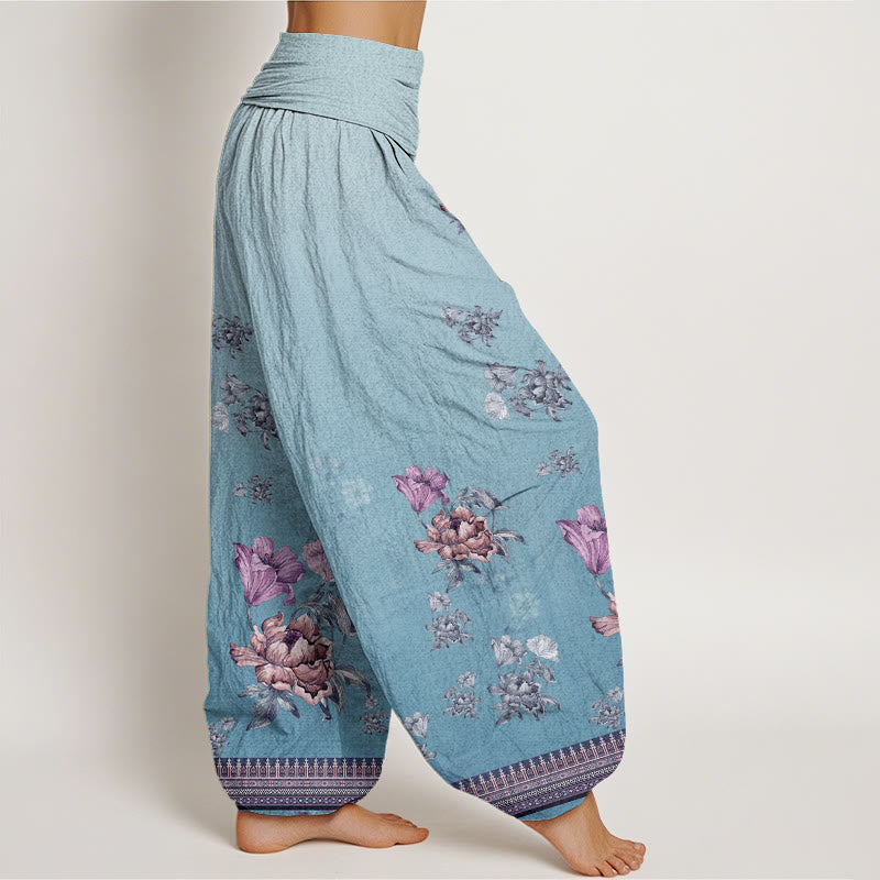 Pantalones bombachos de cintura elástica para mujer, de algodón, estilo informal, con estampado de pétalos de peonía y piedras de Buddha Stones. - image 8