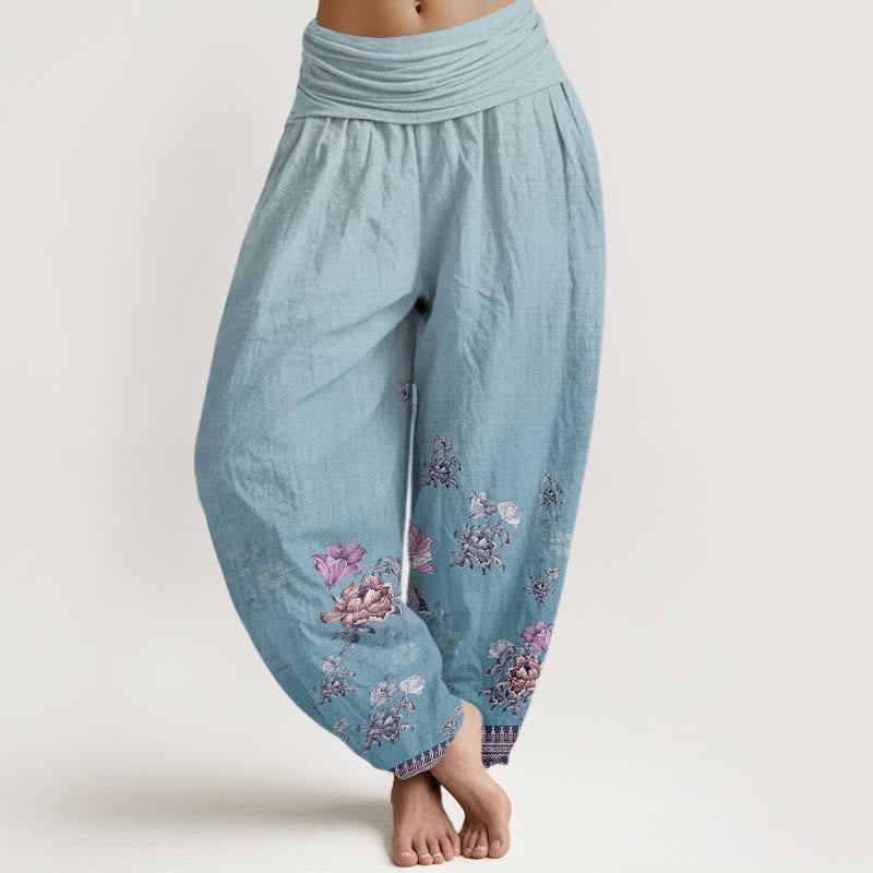 Pantalones bombachos de cintura elástica para mujer, de algodón, estilo informal, con estampado de pétalos de peonía y piedras de Buddha Stones. - Azul celeste claro - US22，UK/AU26，EU54 (6XL) - image 7