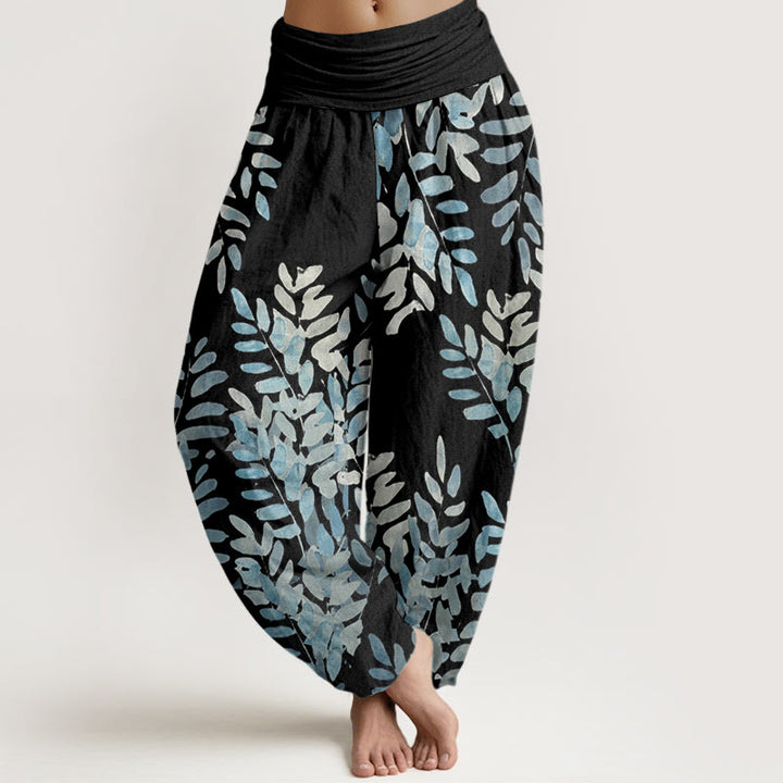 Pantalones bombachos de cintura elástica para mujer, de algodón, estilo casual, con estampado de hojas entrelazadas y Buddha Stones. - Negro - US22，UK/AU26，EU54 (6XL) - image 0