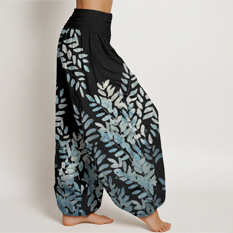 Pantalones bombachos de cintura elástica para mujer, de algodón, estilo casual, con estampado de hojas entrelazadas y Buddha Stones. - image 1