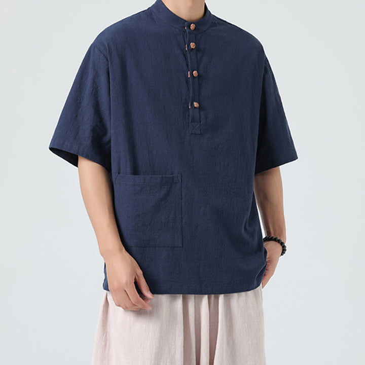 Camisa de algodón de media manga para hombre con diseño informal de media rana y botones, cuello alto y bolsillo, con Buddha Stones - image 1