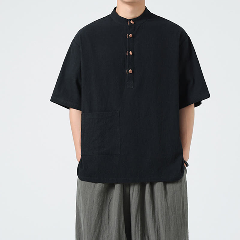 Camisa de algodón de media manga para hombre con diseño informal de media rana y botones, cuello alto y bolsillo, con Buddha Stones - Negro - US/UK/AU46, EU56 (5XL) - image 9