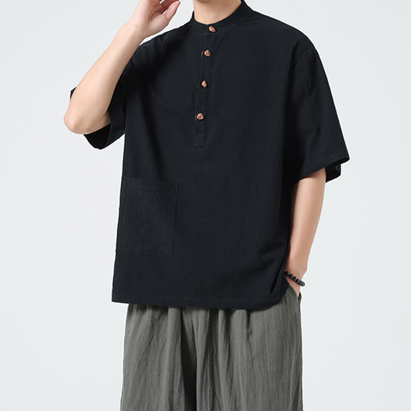 Camisa de algodón de media manga para hombre con diseño informal de media rana y botones, cuello alto y bolsillo, con Buddha Stones - image 11