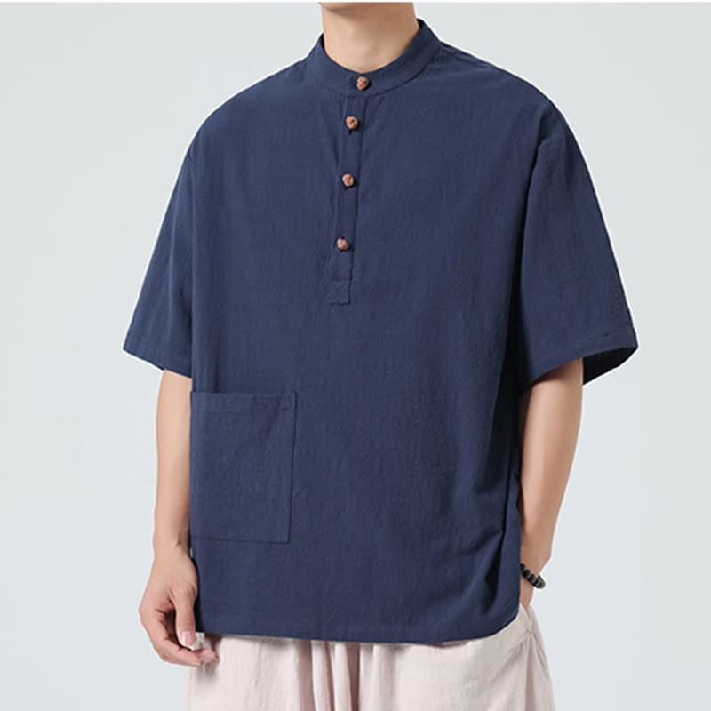 Camisa de algodón de media manga para hombre con diseño informal de media rana y botones, cuello alto y bolsillo, con Buddha Stones - image 2