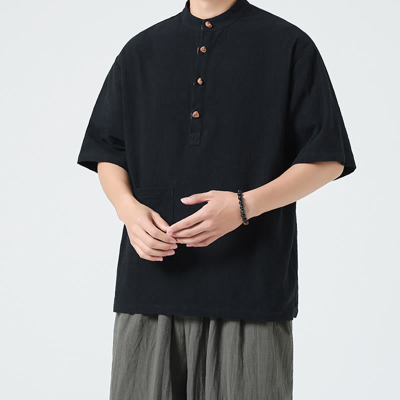 Camisa de algodón de media manga para hombre con diseño informal de media rana y botones, cuello alto y bolsillo, con Buddha Stones - image 12
