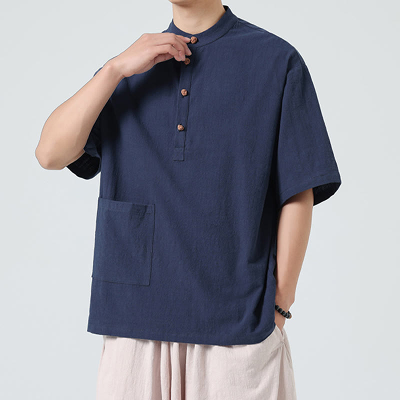 Camisa de algodón de media manga para hombre con diseño informal de media rana y botones, cuello alto y bolsillo, con Buddha Stones - image 3