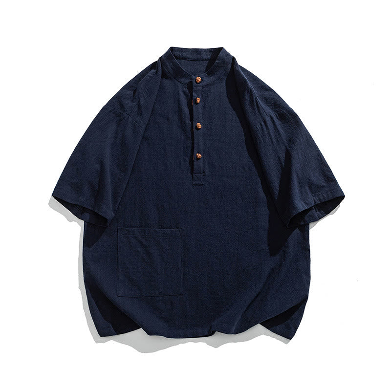 Camisa de algodón de media manga para hombre con diseño informal de media rana y botones, cuello alto y bolsillo, con Buddha Stones - image 8