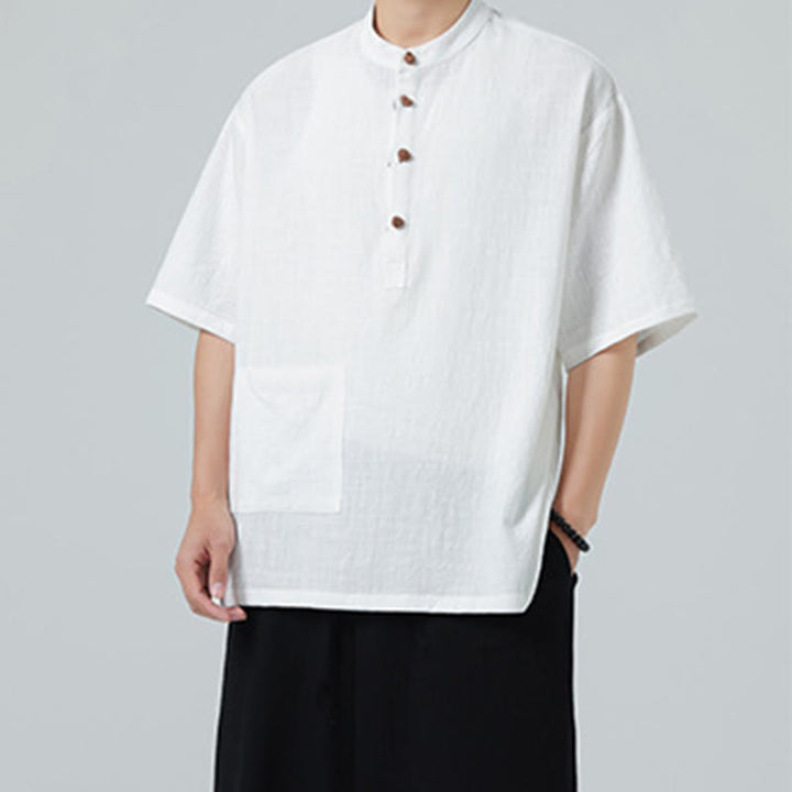 Camisa de algodón de media manga para hombre con diseño informal de media rana y botones, cuello alto y bolsillo, con Buddha Stones - image 16