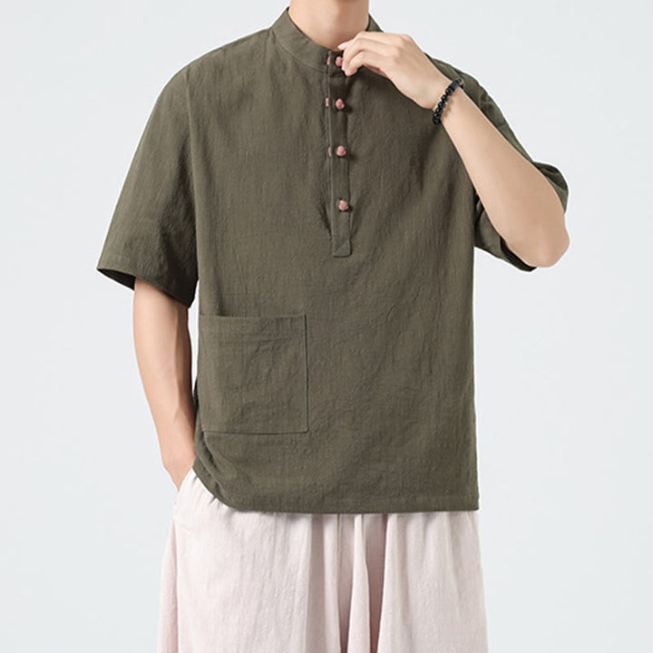 Camisa de algodón de media manga para hombre con diseño informal de media rana y botones, cuello alto y bolsillo, con Buddha Stones - image 25