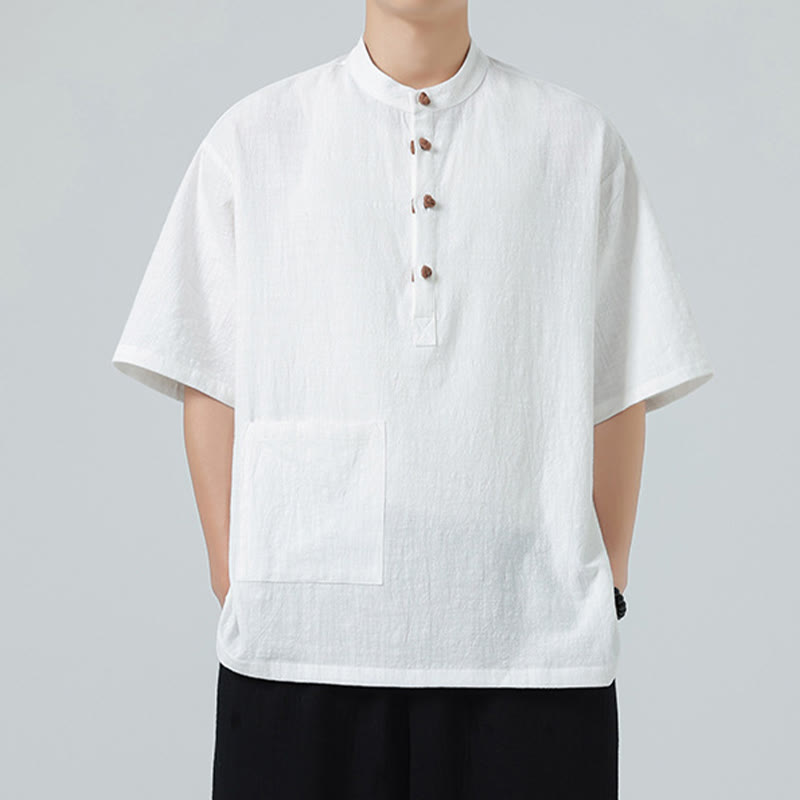Camisa de algodón de media manga para hombre con diseño informal de media rana y botones, cuello alto y bolsillo, con Buddha Stones - image 17