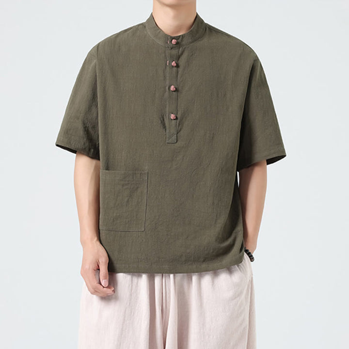 Camisa de algodón de media manga para hombre con diseño informal de media rana y botones, cuello alto y bolsillo, con Buddha Stones - image 23