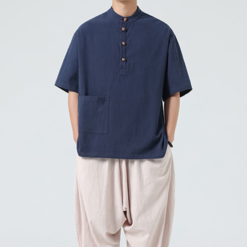 Camisa de algodón de media manga para hombre con diseño informal de media rana y botones, cuello alto y bolsillo, con Buddha Stones - image 6