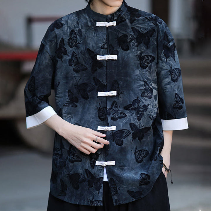 Camisa tipo cárdigan de algodón para hombre, con cuello alto, manga tres cuartos y estampado de mariposas y jacquard con diseño de rana blanca y botones - image 16