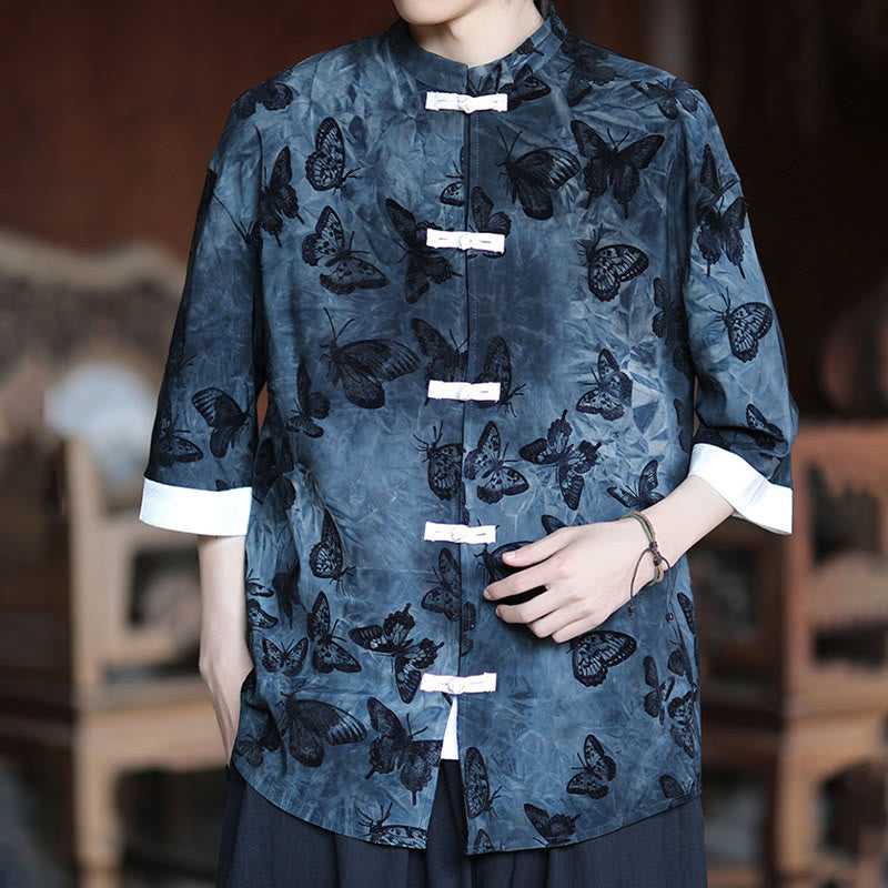 Camisa de algodón blanca de manga tres cuartos para hombre con estampado de mariposas jacquard y botones de Buddha Stones. - image 14