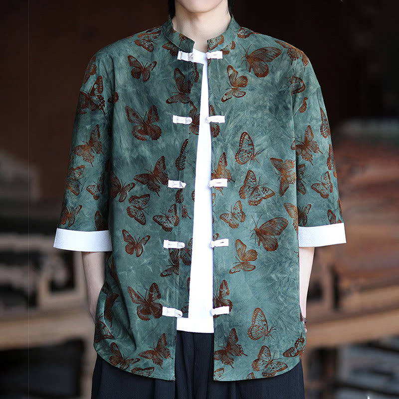 Camisa de algodón blanca de manga tres cuartos para hombre con estampado de mariposas jacquard y botones de Buddha Stones. - image 2