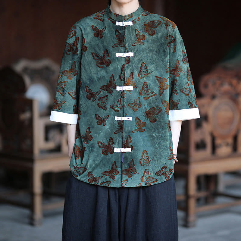 Camisa tipo cárdigan de algodón para hombre, con cuello alto, manga tres cuartos y estampado de mariposas y jacquard con diseño de rana blanca y botones - Verdemar - US/UK/AU46, EU56 (5XL) - image 0