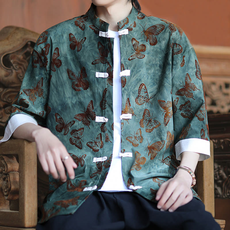 Camisa tipo cárdigan de algodón para hombre, con cuello alto, manga tres cuartos y estampado de mariposas y jacquard con diseño de rana blanca y botones - image 6