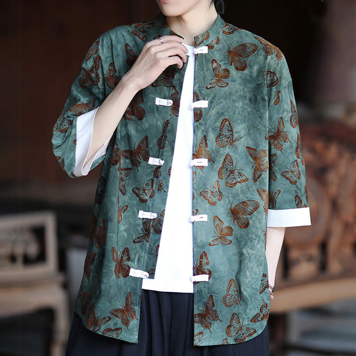 Camisa tipo cárdigan de algodón para hombre, con cuello alto, manga tres cuartos y estampado de mariposas y jacquard con diseño de rana blanca y botones - image 3