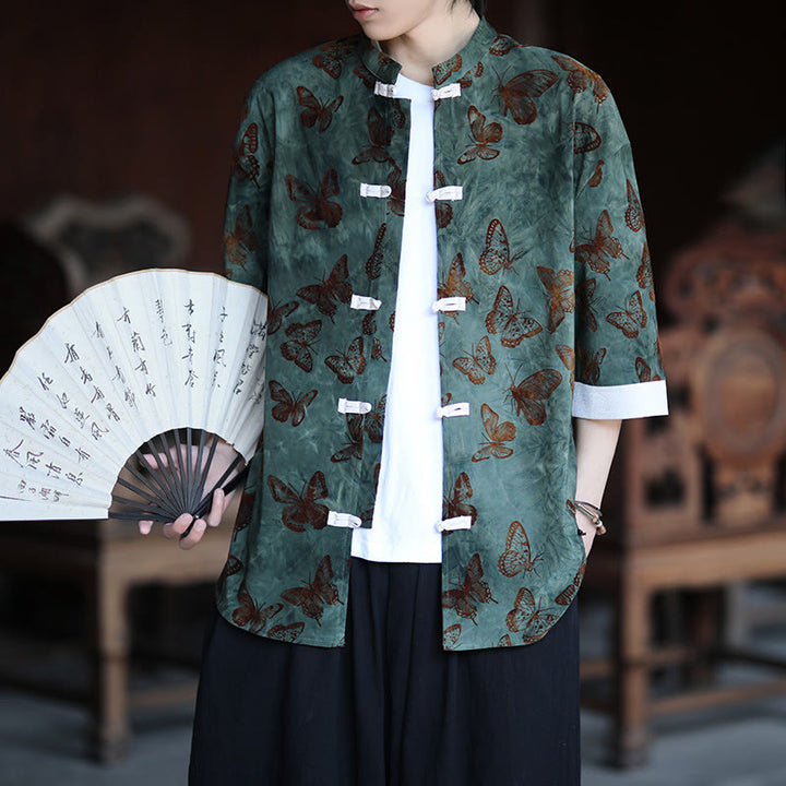 Camisa de algodón blanca de manga tres cuartos para hombre con estampado de mariposas jacquard y botones de Buddha Stones. - image 1