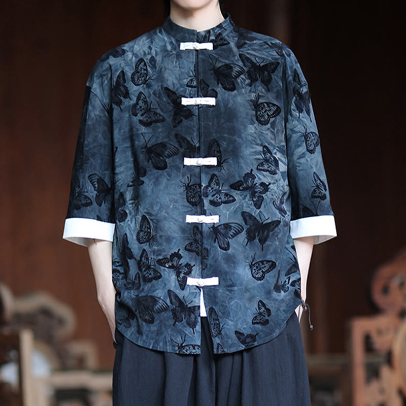 Camisa de algodón blanca de manga tres cuartos para hombre con estampado de mariposas jacquard y botones de Buddha Stones. - image 9