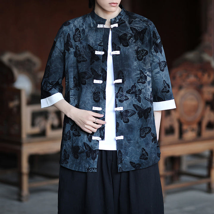 Camisa de algodón blanca de manga tres cuartos para hombre con estampado de mariposas jacquard y botones de Buddha Stones. - image 11