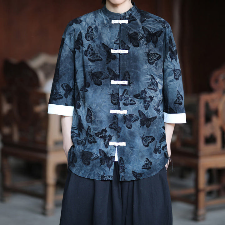 Camisa tipo cárdigan de algodón para hombre, con cuello alto, manga tres cuartos y estampado de mariposas y jacquard con diseño de rana blanca y botones - image 10