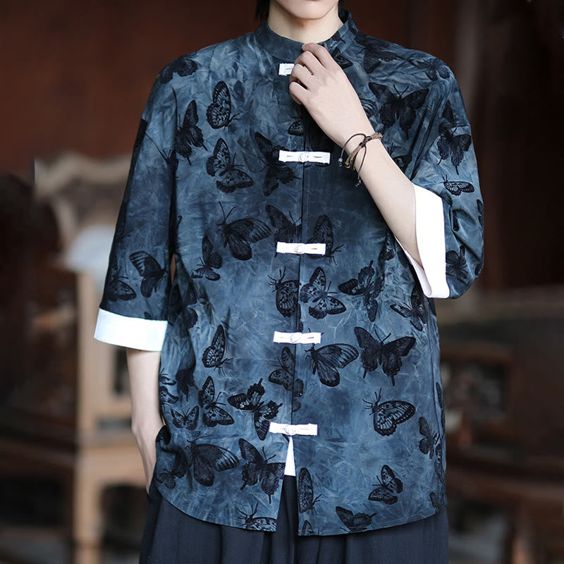 Camisa de algodón blanca de manga tres cuartos para hombre con estampado de mariposas jacquard y botones de Buddha Stones. - image 12