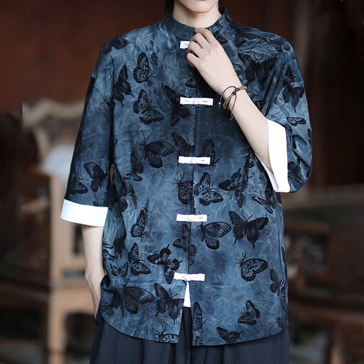 Camisa tipo cárdigan de algodón para hombre, con cuello alto, manga tres cuartos y estampado de mariposas y jacquard con diseño de rana blanca y botones - image 12