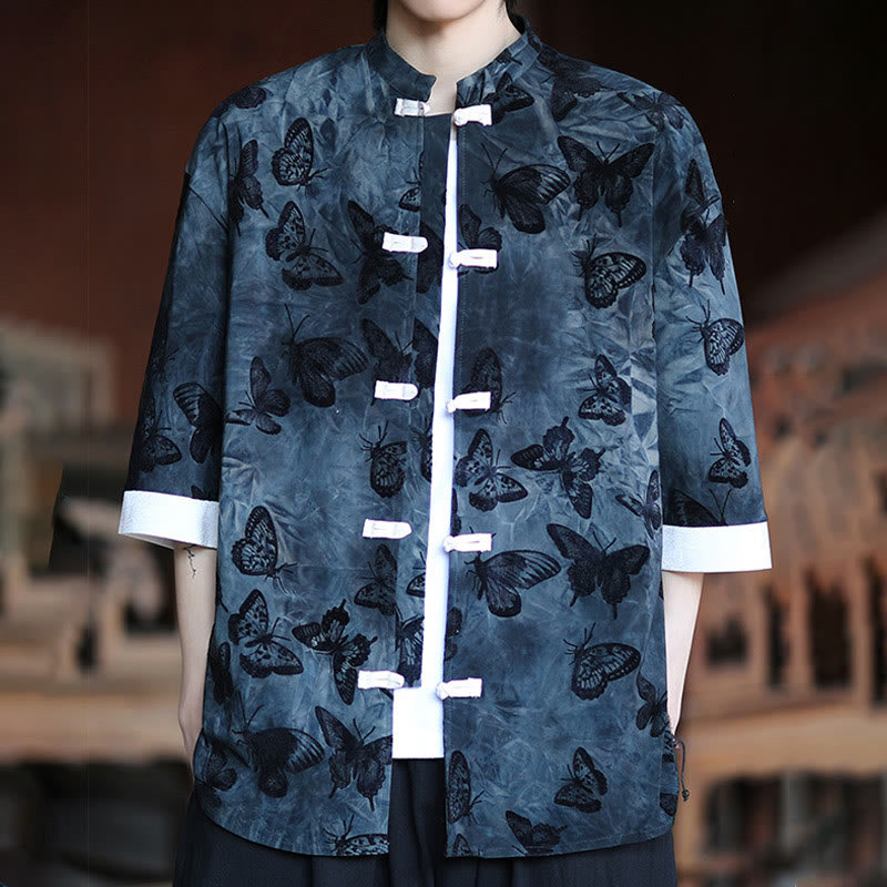 Camisa tipo cárdigan de algodón para hombre, con cuello alto, manga tres cuartos y estampado de mariposas y jacquard con diseño de rana blanca y botones - image 13