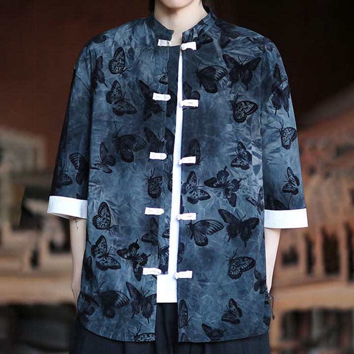 Camisa tipo cárdigan de algodón para hombre, con cuello alto, manga tres cuartos y estampado de mariposas y jacquard con diseño de rana blanca y botones - image 13