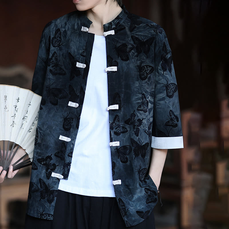 Camisa de algodón blanca de manga tres cuartos para hombre con estampado de mariposas jacquard y botones de Buddha Stones. - image 15